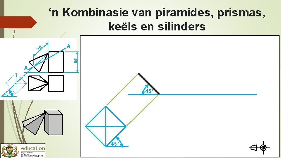 ‘n Kombinasie van piramides, prismas, keëls en silinders A 85 70 A 45° 45°