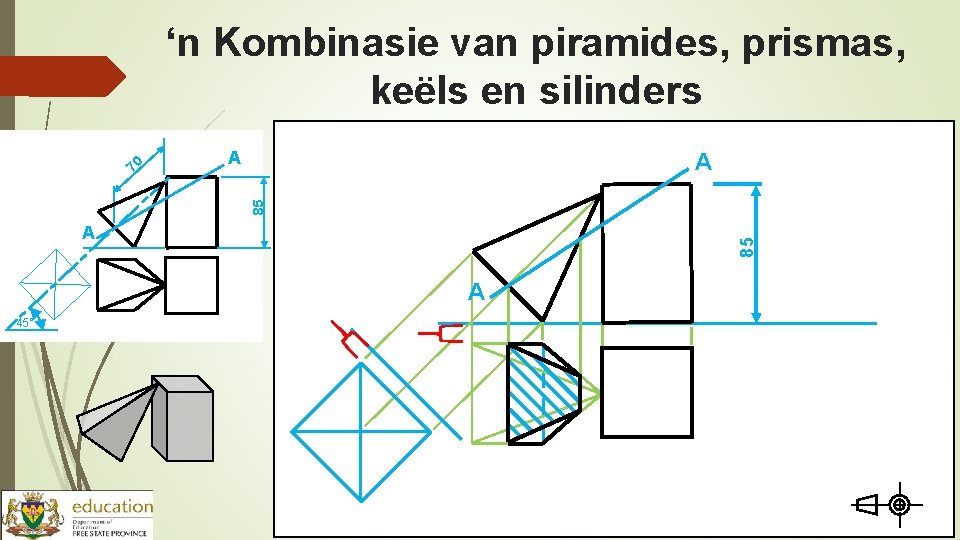 ‘n Kombinasie van piramides, prismas, keëls en silinders A A 85 70 85 A