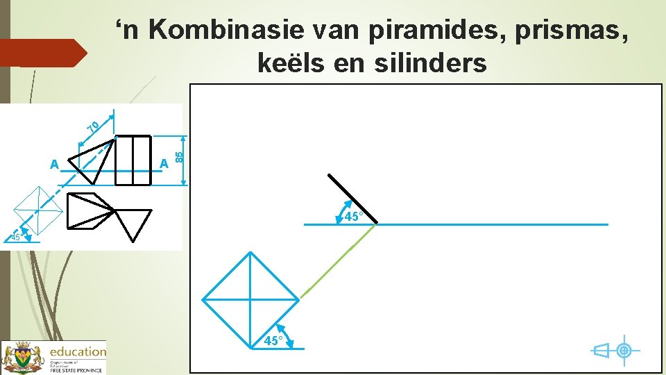 ‘n Kombinasie van piramides, prismas, keëls en silinders A A 85 70 45° 45°