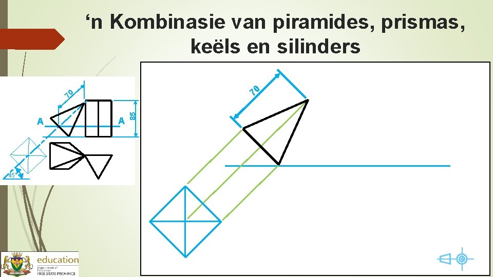 ‘n Kombinasie van piramides, prismas, keëls en silinders 70 A 45° A 85 70