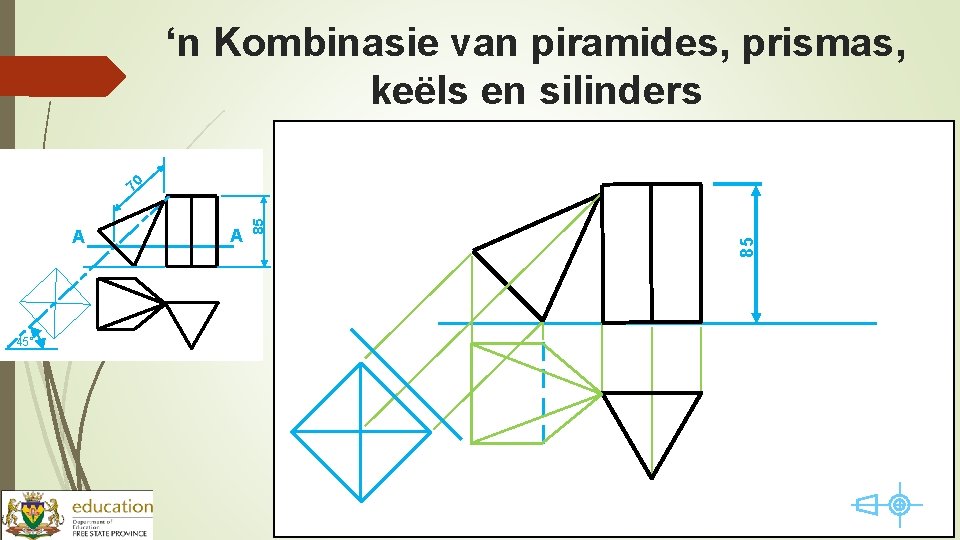‘n Kombinasie van piramides, prismas, keëls en silinders 45° A 85 70 