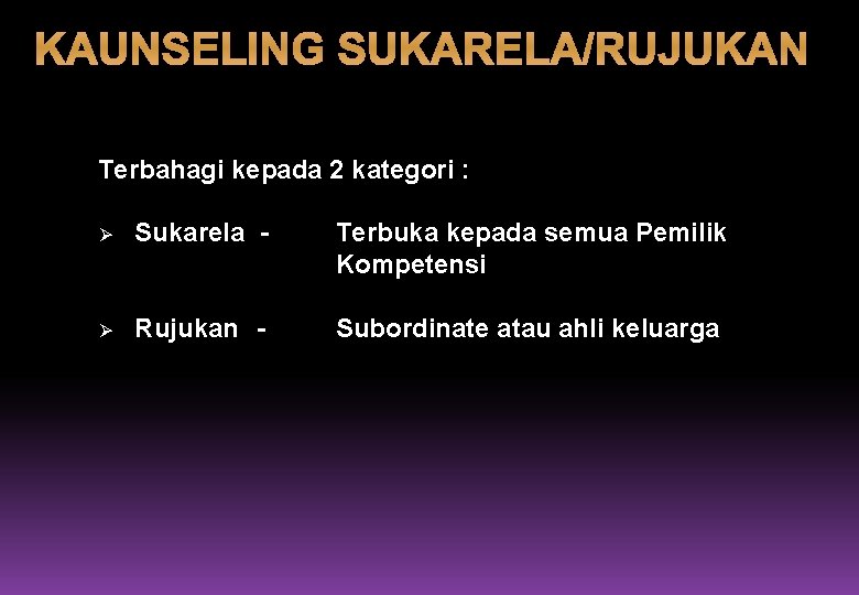 KAUNSELING SUKARELA/RUJUKAN Terbahagi kepada 2 kategori : Ø Sukarela - Terbuka kepada semua Pemilik