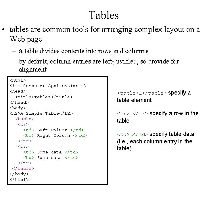 Tables • tables are common tools for arranging complex layout on a Web page Tables • tables are common tools for arranging complex layout on a Web page