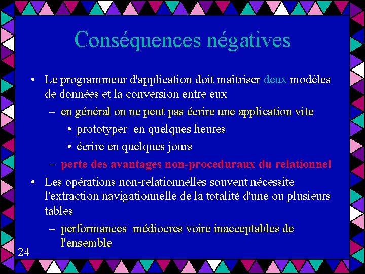 Conséquences négatives 24 • Le programmeur d'application doit maîtriser deux modèles de données et