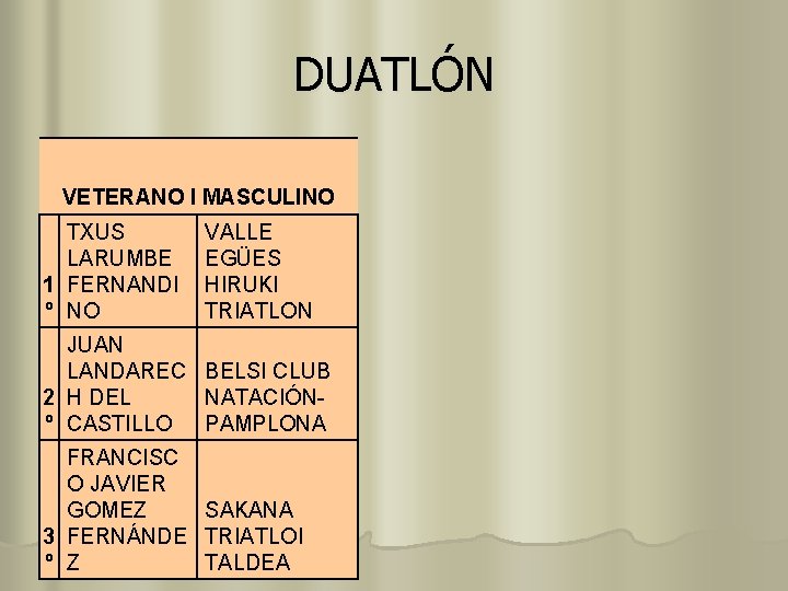 DUATLÓN VETERANO I MASCULINO TXUS LARUMBE 1 FERNANDI º NO VALLE EGÜES HIRUKI TRIATLON