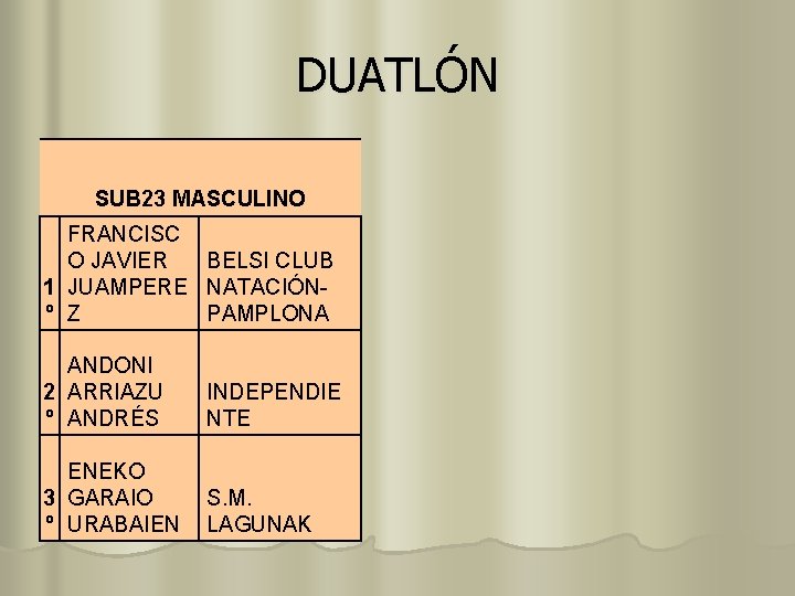 DUATLÓN SUB 23 MASCULINO FRANCISC O JAVIER BELSI CLUB 1 JUAMPERE NATACIÓNº Z PAMPLONA