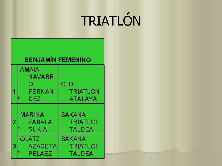 TRIATLÓN BENJAMÍN FEMENINO AMAIA NAVARR O 1 FERNAN ª DEZ C. D. TRIATLÓN ATALAYA