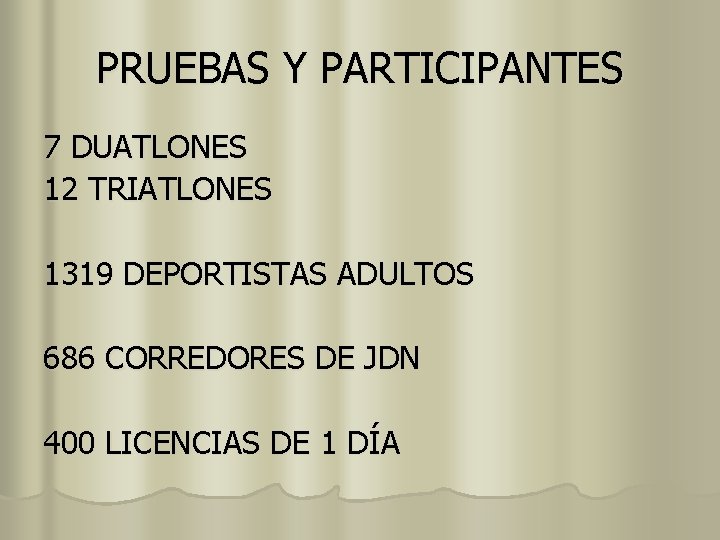 PRUEBAS Y PARTICIPANTES 7 DUATLONES 12 TRIATLONES 1319 DEPORTISTAS ADULTOS 686 CORREDORES DE JDN