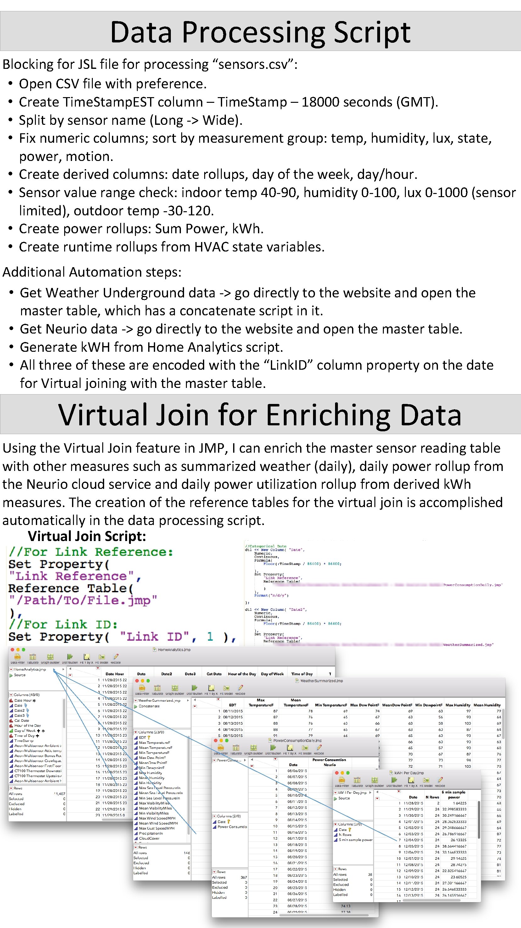 Data Processing Script Blocking for JSL file for processing “sensors. csv”: • Open CSV
