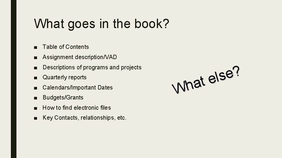 What goes in the book? ■ Table of Contents ■ Assignment description/VAD ■ Descriptions