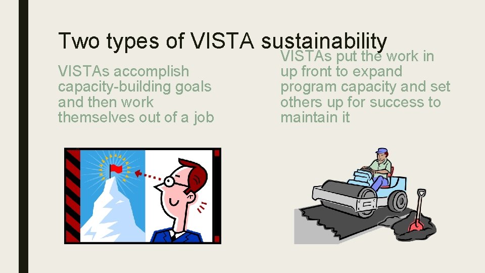 Two types of VISTA sustainability VISTAs accomplish capacity-building goals and then work themselves out