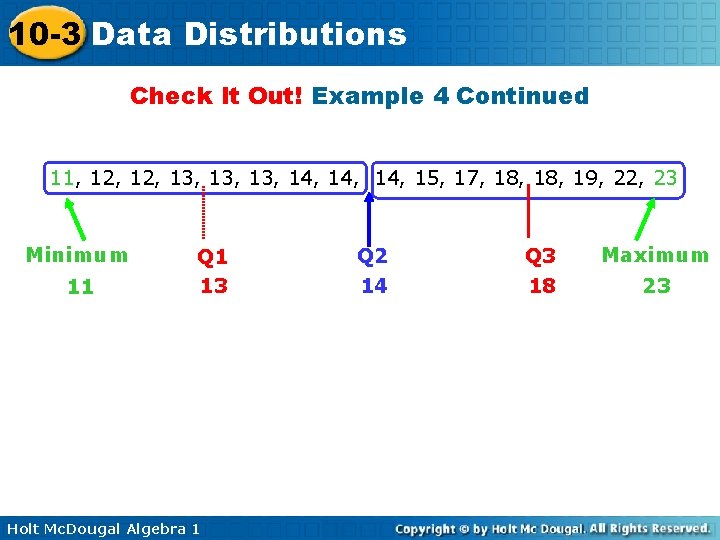10 -3 Data Distributions Check It Out! Example 4 Continued 11, 12, 13, 13,
