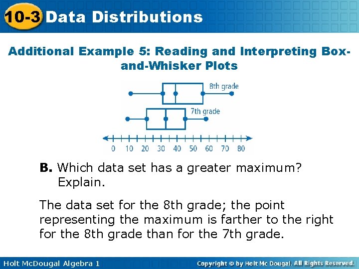 10 -3 Data Distributions Additional Example 5: Reading and Interpreting Boxand-Whisker Plots B. Which