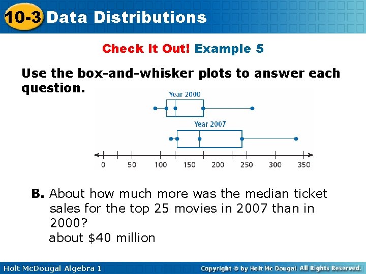10 -3 Data Distributions Check It Out! Example 5 Use the box-and-whisker plots to