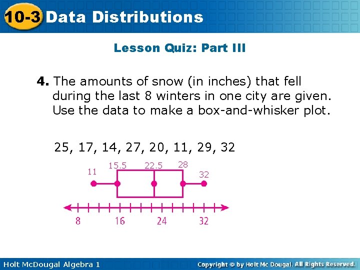 10 -3 Data Distributions Lesson Quiz: Part III 4. The amounts of snow (in