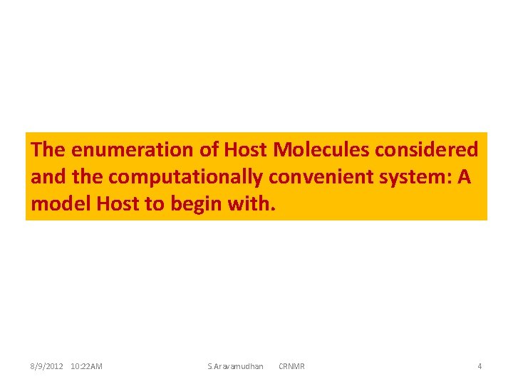 The enumeration of Host Molecules considered and the computationally convenient system: A model Host