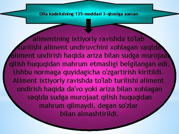 Oila kodeksining 135 -moddasi 3 -qismiga asosan alimentning ixtiyoriy ravishda to'lab turilishi aliment undiruvchini