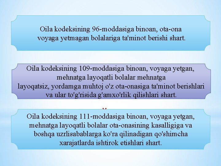 Oila kodeksining 96 moddasiga binoan, ota ona voyaga yetmagan bolalariga ta'minot berishi shart. Oila