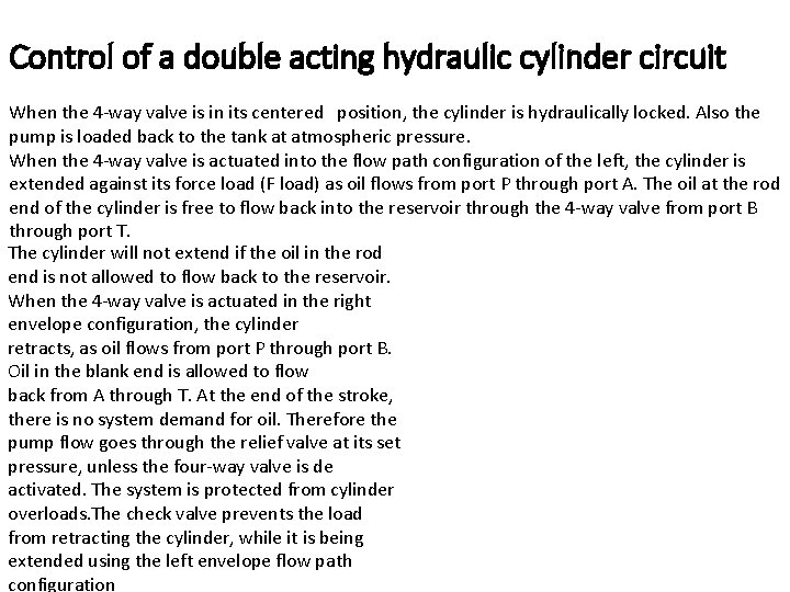 Control of a double acting hydraulic cylinder circuit When the 4 -way valve is
