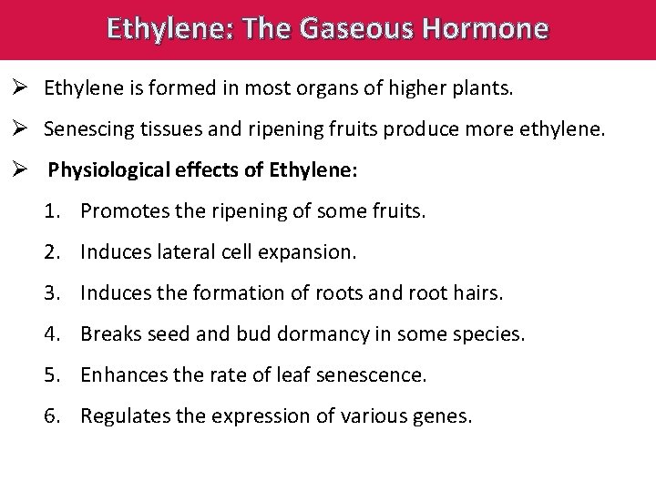 Ethylene: The Gaseous Hormone Ø Ethylene is formed in most organs of higher plants.