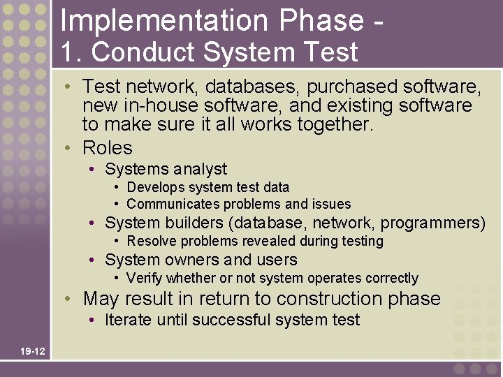 Implementation Phase 1. Conduct System Test • Test network, databases, purchased software, new in-house