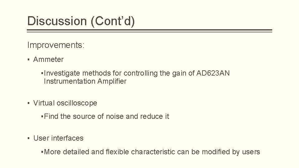 Discussion (Cont’d) Improvements: ▪ Ammeter ▪ Investigate methods for controlling the gain of AD Discussion (Cont’d) Improvements: ▪ Ammeter ▪ Investigate methods for controlling the gain of AD