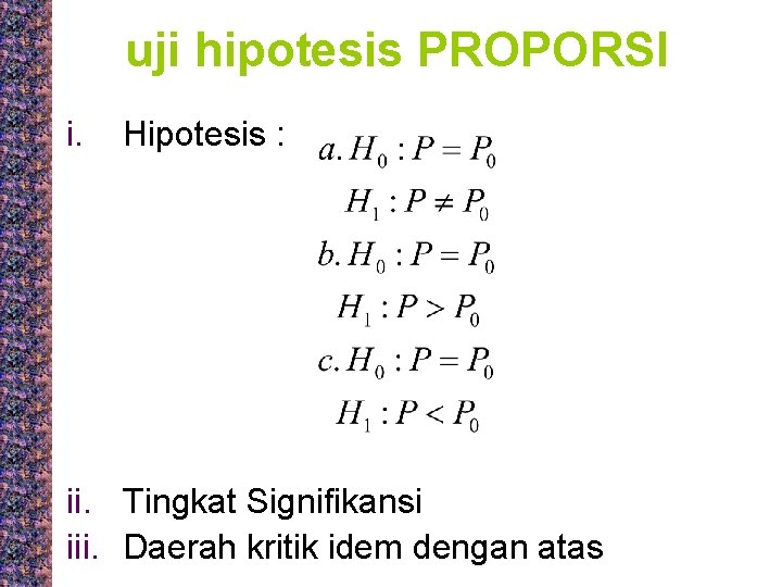 uji hipotesis PROPORSI i. Hipotesis : ii. Tingkat Signifikansi iii. Daerah kritik idem dengan