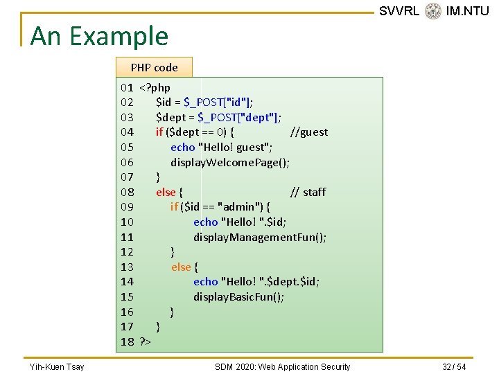 SVVRL @ IM. NTU An Example PHP code 01 <? php 02 $id =