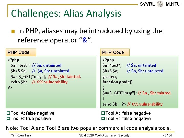 Challenges: Alias Analysis n SVVRL @ IM. NTU In PHP, aliases may be introduced