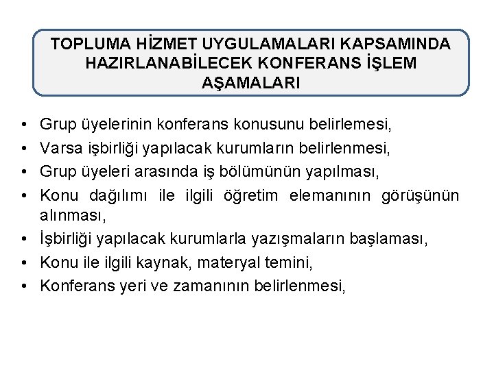 TOPLUMA HİZMET UYGULAMALARI KAPSAMINDA HAZIRLANABİLECEK KONFERANS İŞLEM AŞAMALARI • • Grup üyelerinin konferans konusunu