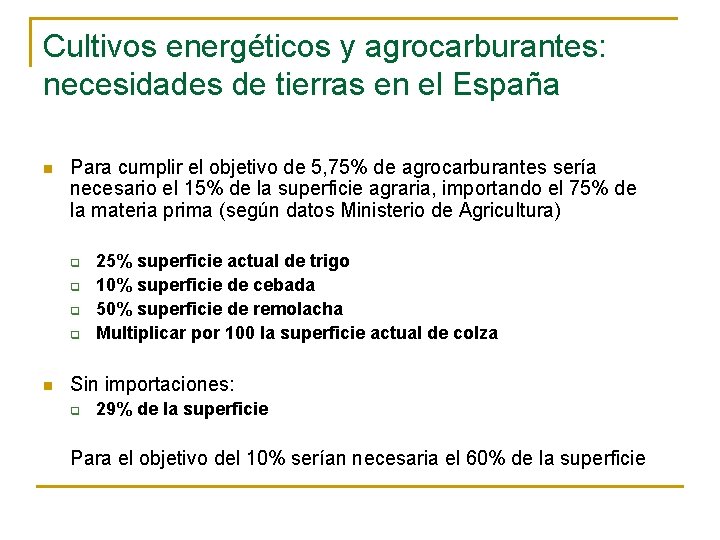 Cultivos energéticos y agrocarburantes: necesidades de tierras en el España n Para cumplir el