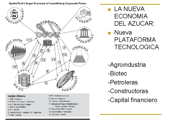 n n LA NUEVA ECONOMIA DEL AZUCAR: Nueva PLATAFORMA TECNOLOGICA -Agroindustria -Biotec -Petroleras -Constructoras