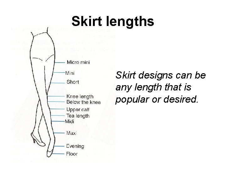 Skirt lengths Skirt designs can be any length that is popular or desired. 