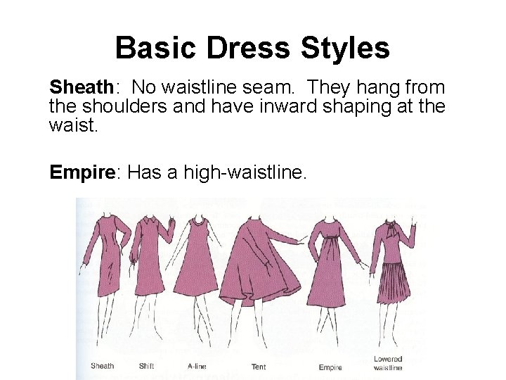 Basic Dress Styles Sheath: No waistline seam. They hang from the shoulders and have