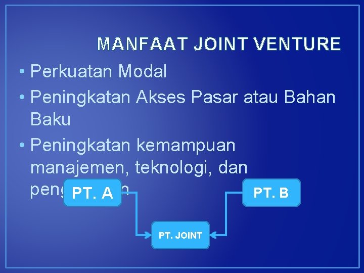 MANFAAT JOINT VENTURE • Perkuatan Modal • Peningkatan Akses Pasar atau Bahan Baku •