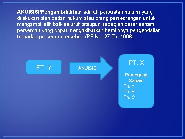 AKUISISI/Pengambilalihan adalah perbuatan hukum yang dilakukan oleh badan hukum atau orang perseorangan untuk mengambil