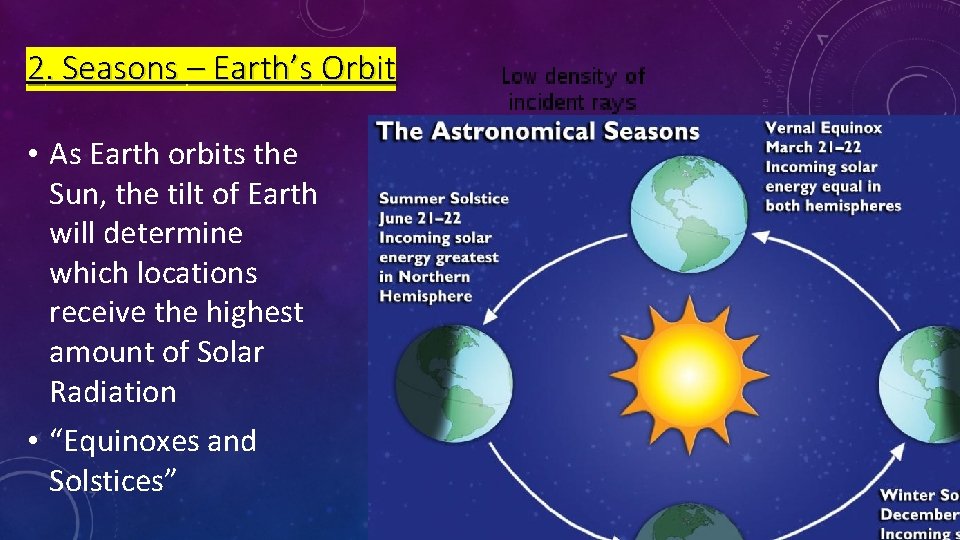 2. Seasons – Earth’s Orbit • As Earth orbits the Sun, the tilt of