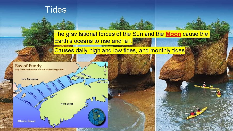 Tides The gravitational forces of the Sun and the Moon cause the Earth’s oceans