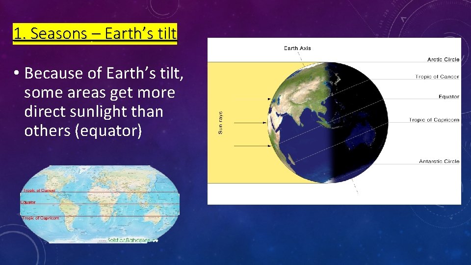 1. Seasons – Earth’s tilt • Because of Earth’s tilt, some areas get more