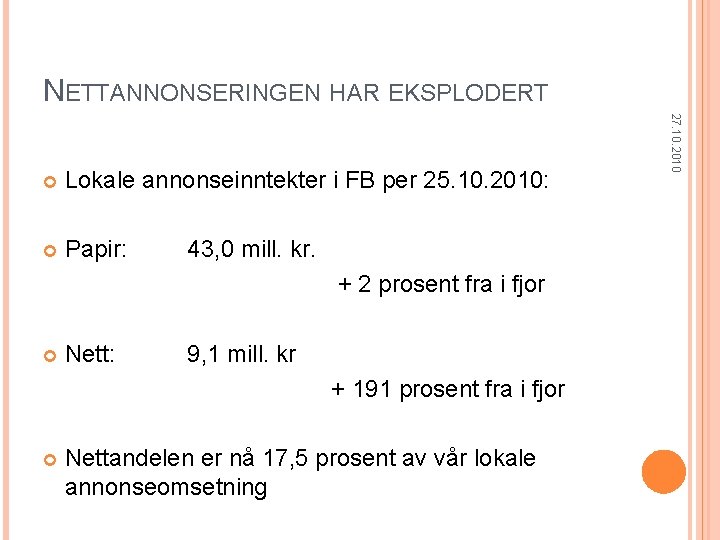 NETTANNONSERINGEN HAR EKSPLODERT Lokale annonseinntekter i FB per 25. 10. 2010: Papir: 43, 0