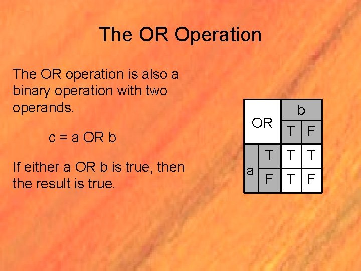 The OR Operation The OR operation is also a binary operation with two operands.