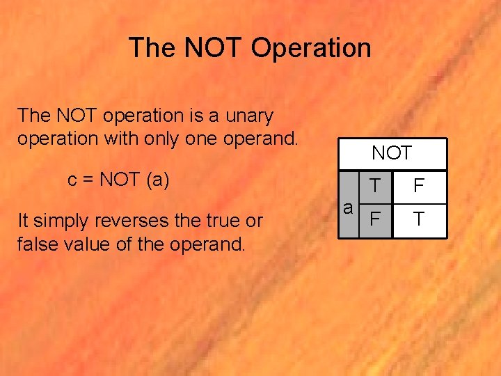 The NOT Operation The NOT operation is a unary operation with only one operand.