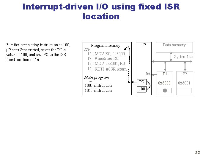Interrupt-driven I/O using fixed ISR location 3: After completing instruction at 100, P sees