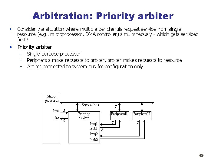 Arbitration: Priority arbiter • Consider the situation where multiple peripherals request service from single