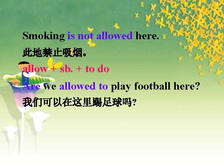 Smoking is not allowed here. 此地禁止吸烟。 allow + sb. + to do Are we