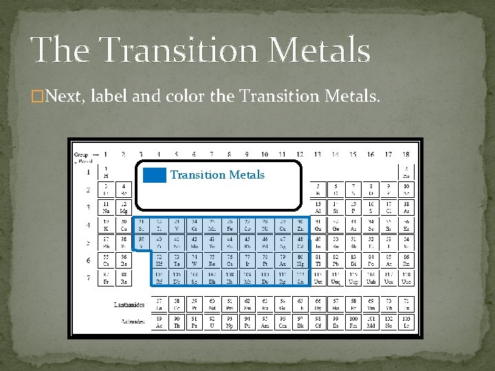 The Transition Metals �Next, label and color the Transition Metals 