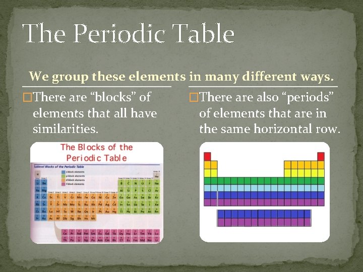 The Periodic Table We group these elements in many different ways. �There are “blocks”