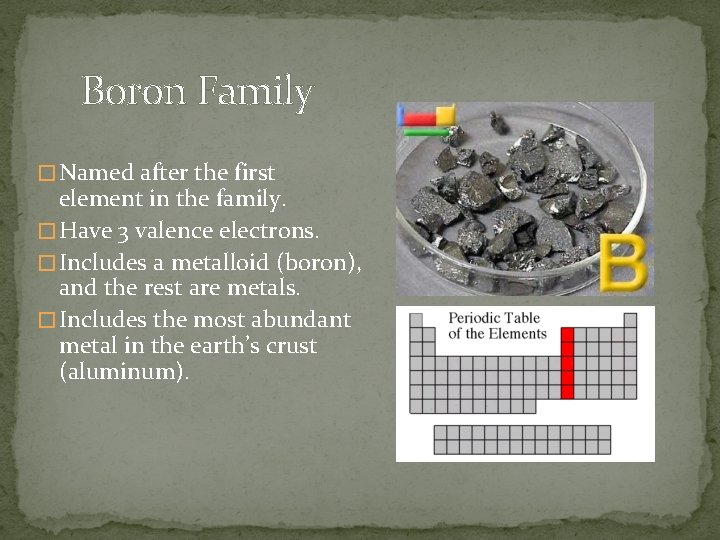 Boron Family � Named after the first element in the family. � Have 3 Boron Family � Named after the first element in the family. � Have 3