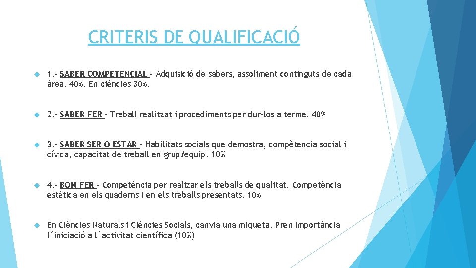 CRITERIS DE QUALIFICACIÓ 1. - SABER COMPETENCIAL – Adquisició de sabers, assoliment continguts de