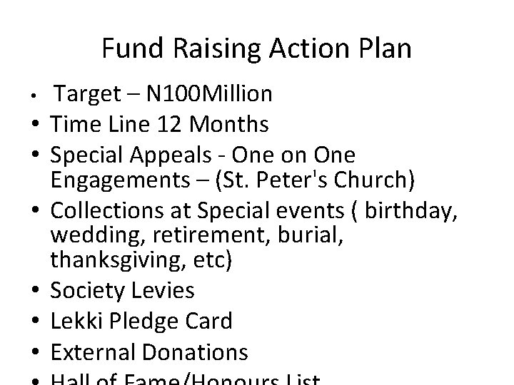 Fund Raising Action Plan • • Target – N 100 Million Time Line 12
